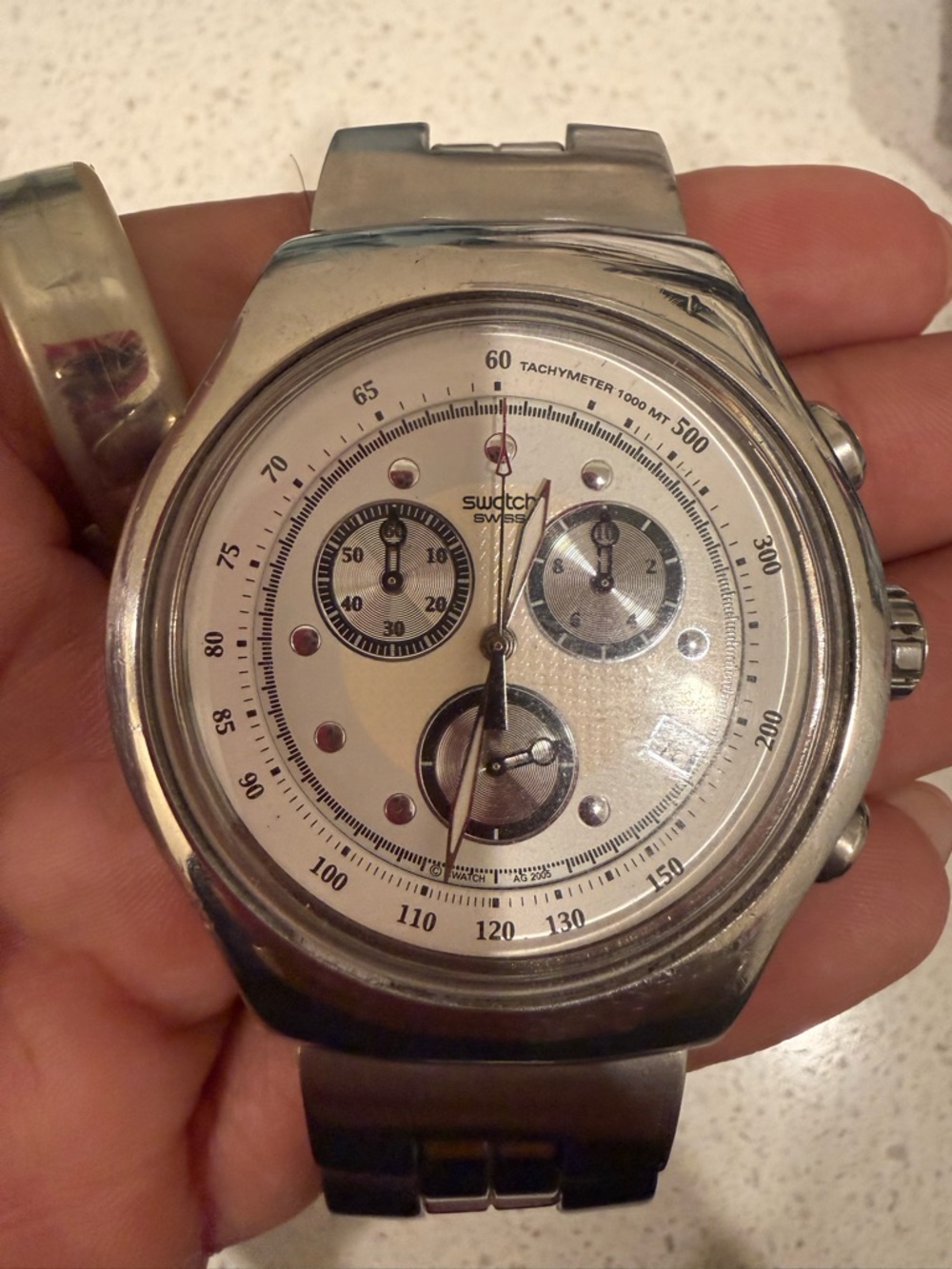 Swatch Silver-Tone Chronograph Watch with White Dial